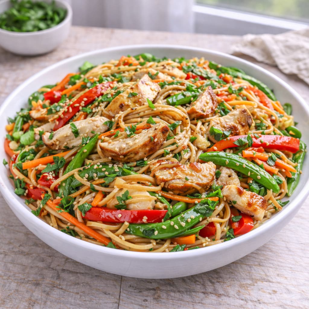 Азиатский салат с лапшой и курицей