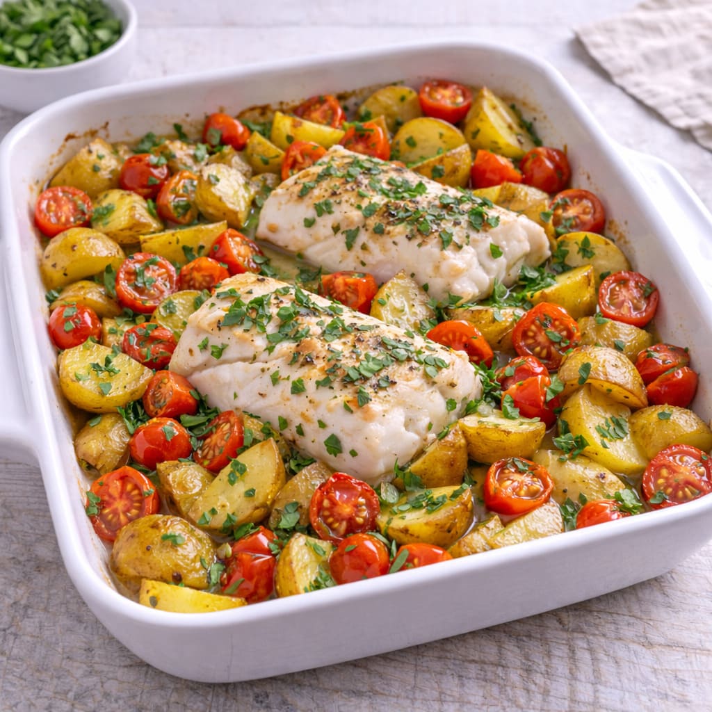 Треска запечённая с картофелем и помидорами