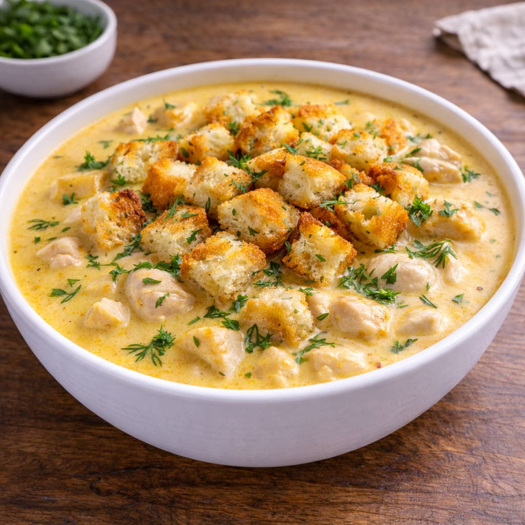 Сырный суп с курицей и гренками
