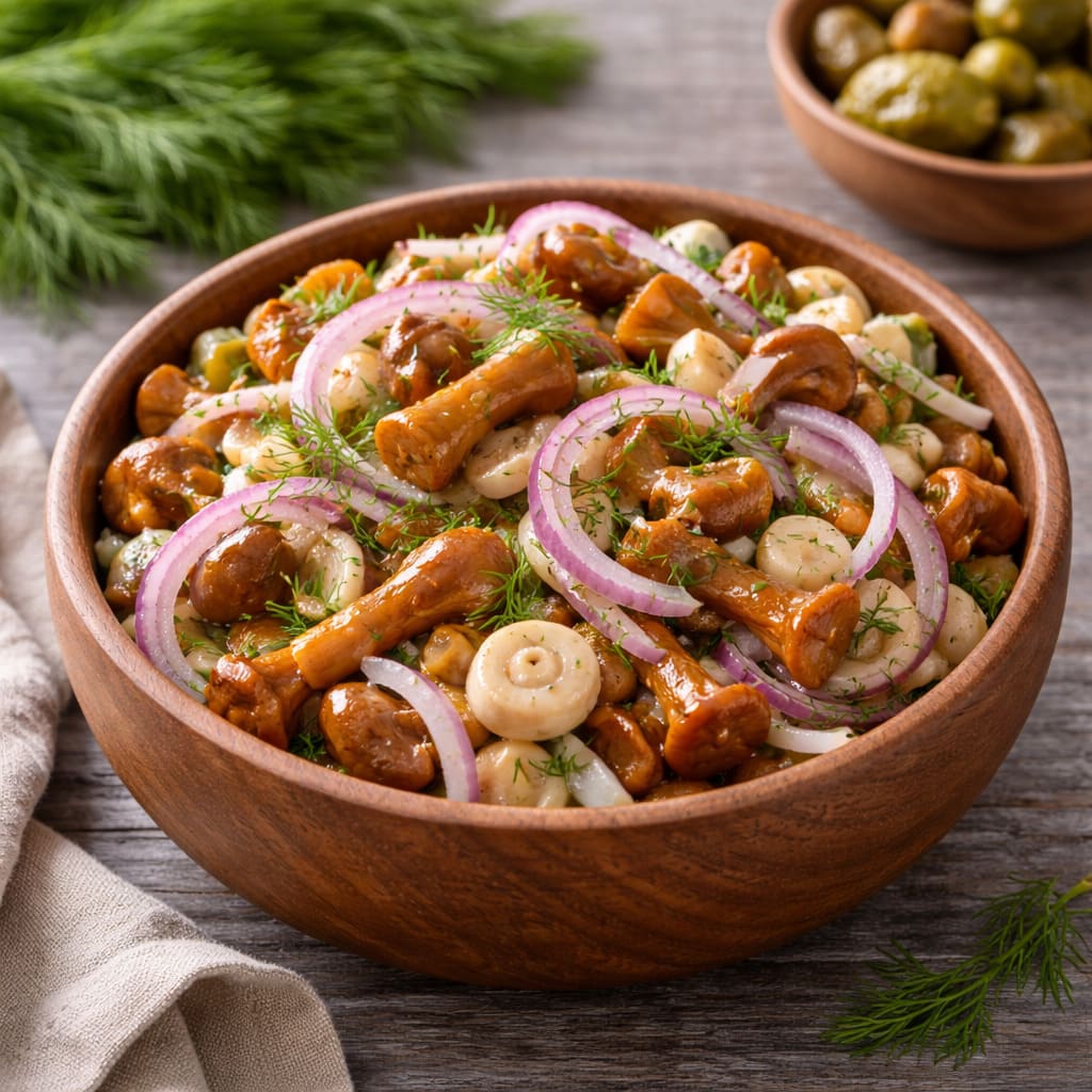 Салат с солёными грибами и луком