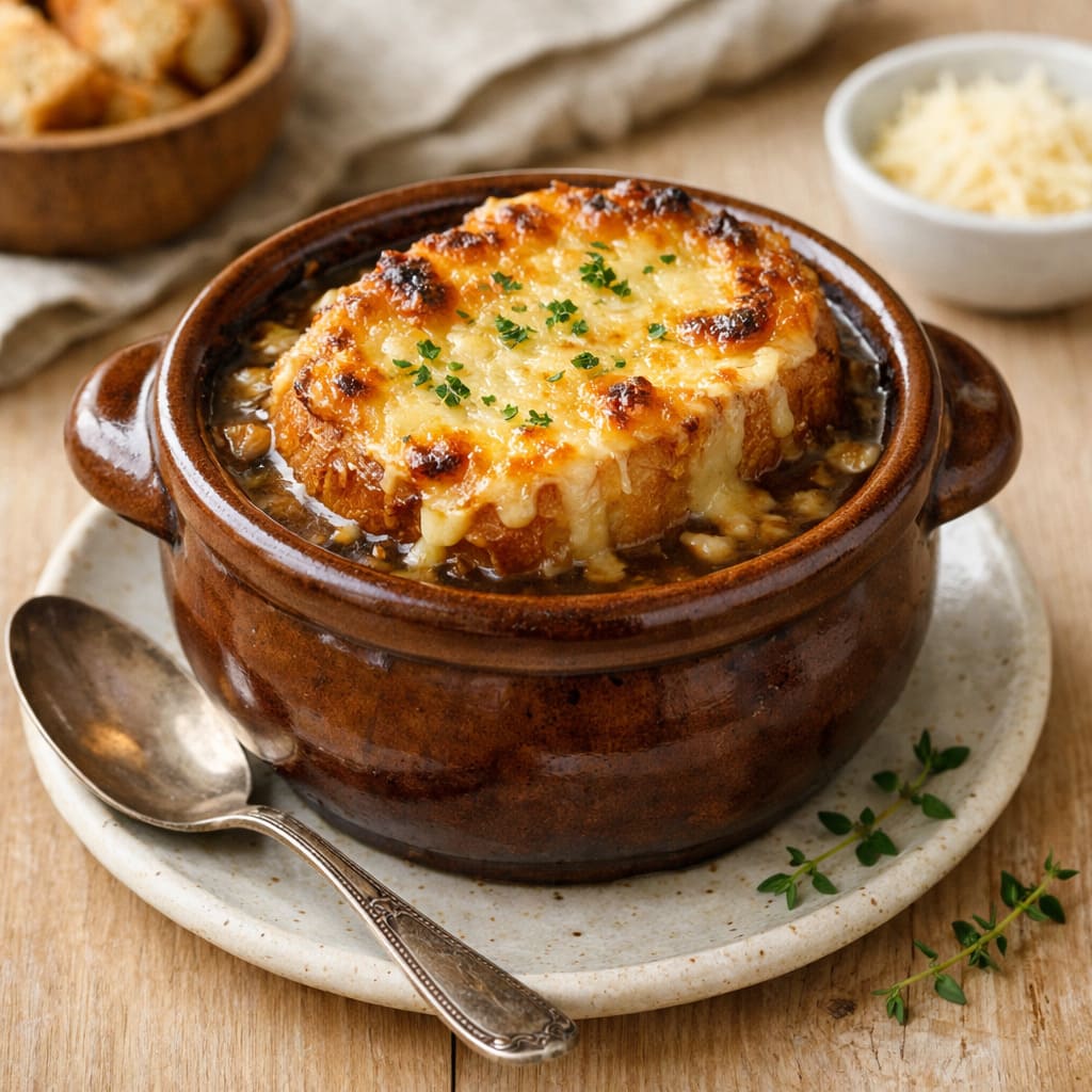 Французский луковый суп с гренками и грюйером