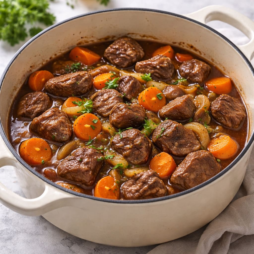 Тушёная говядина с луком и морковью