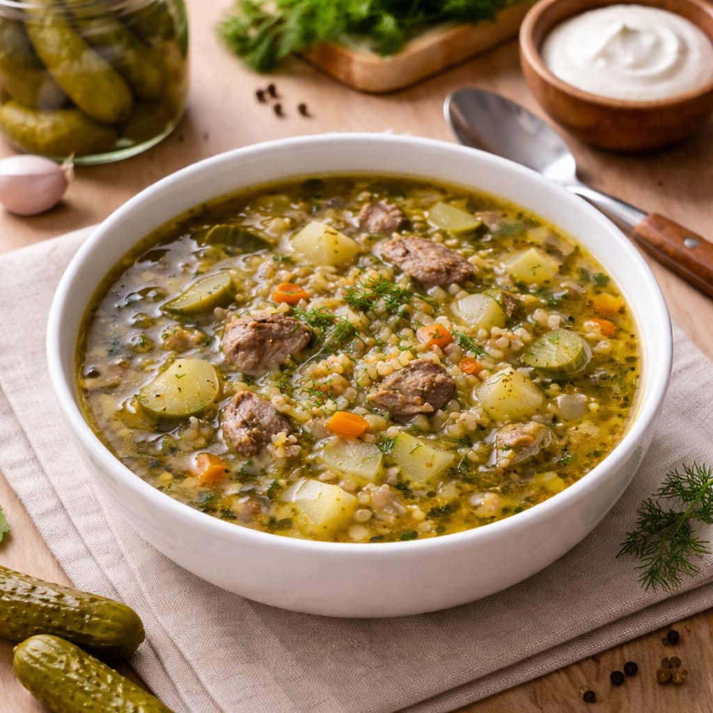 Рассольник с перловкой и солёными огурцами
