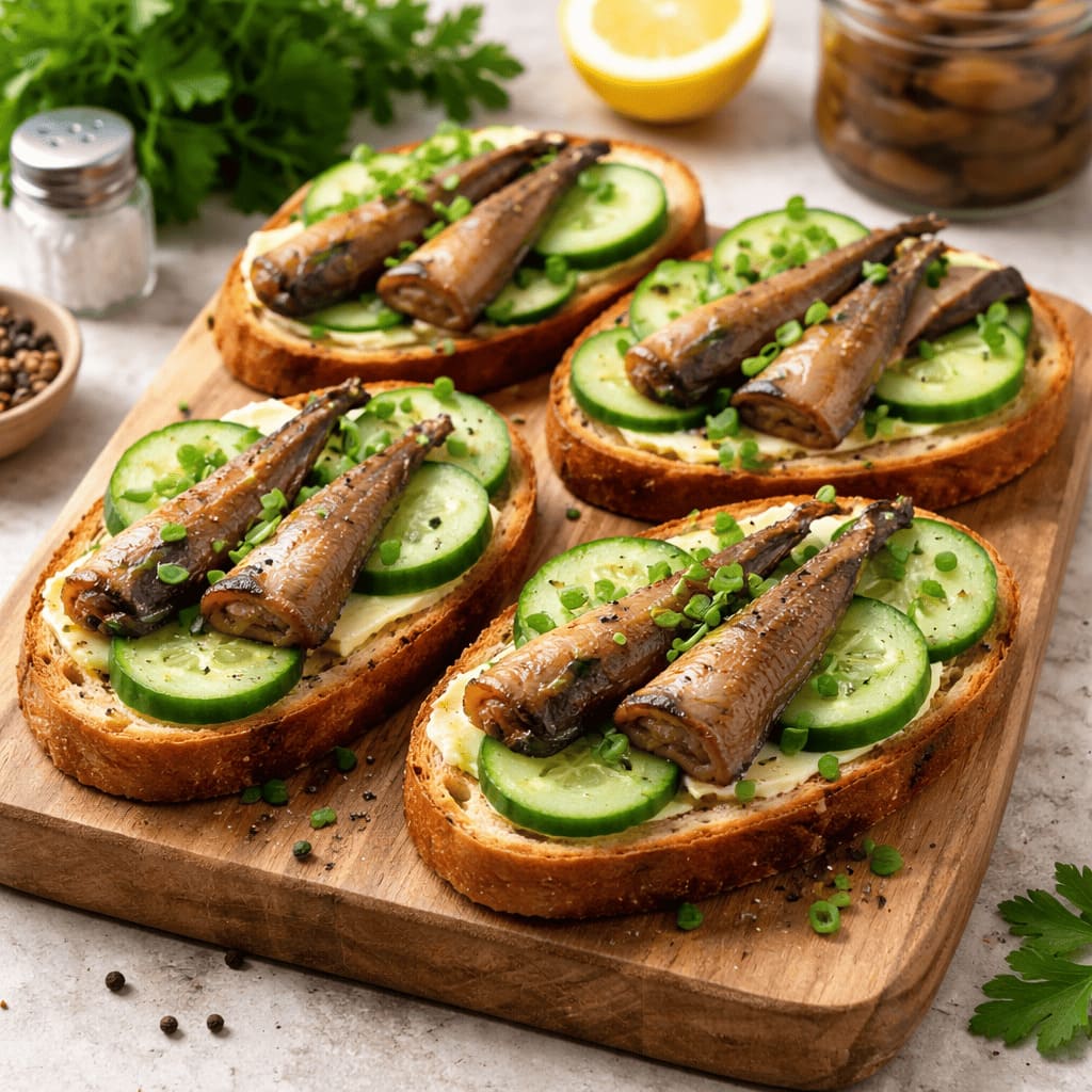 Бутерброды со шпротами и огурцом