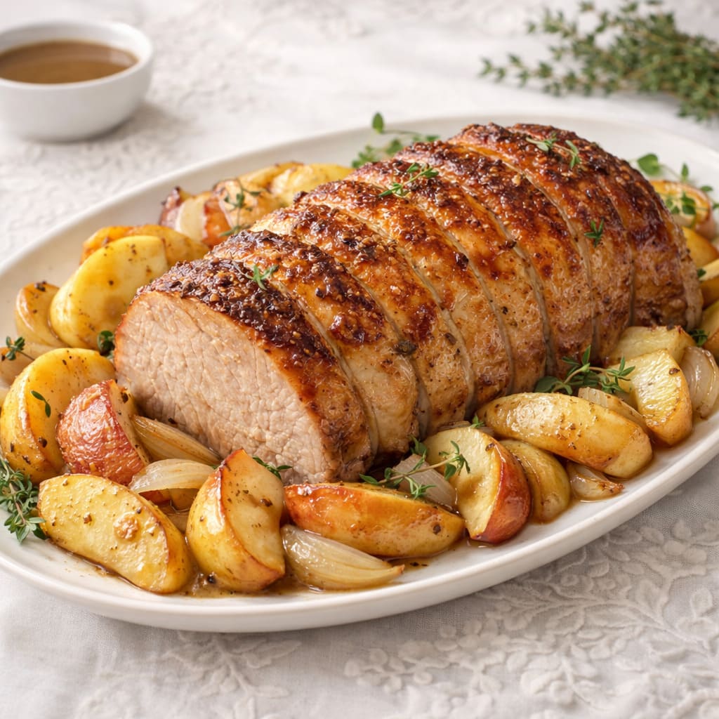 Свинина, запеченная с яблоками и луком