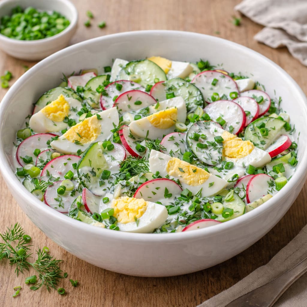 Салат с редисом, яйцом и зелёным луком