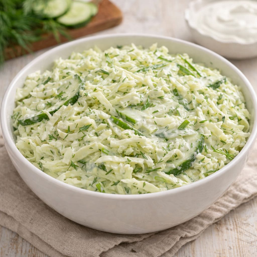 Салат из капусты с огурцом и укропной сметаной