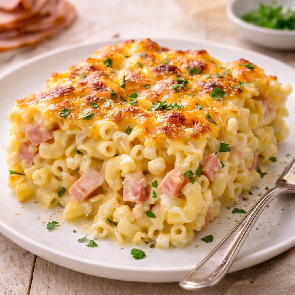 Запеканка из макарон с ветчиной и сыром