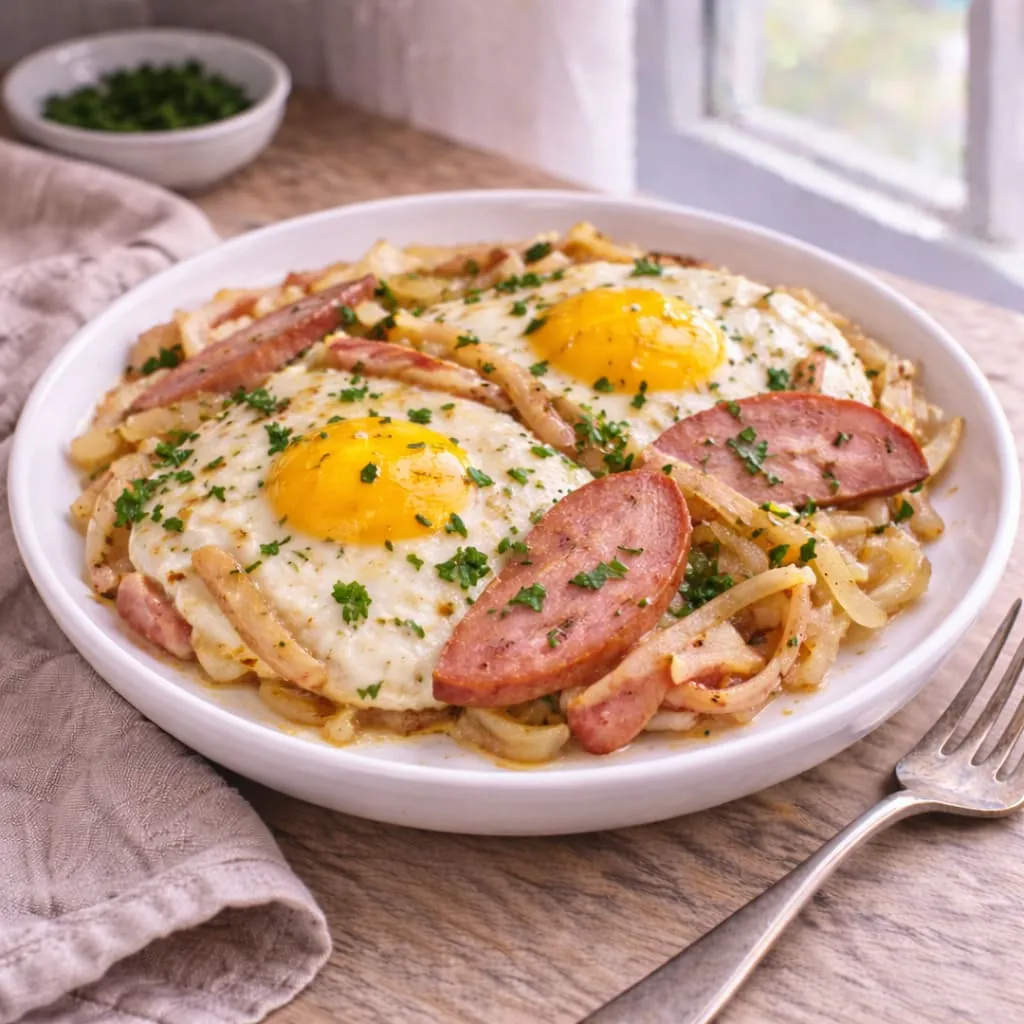 Яичница с колбасой и луком
