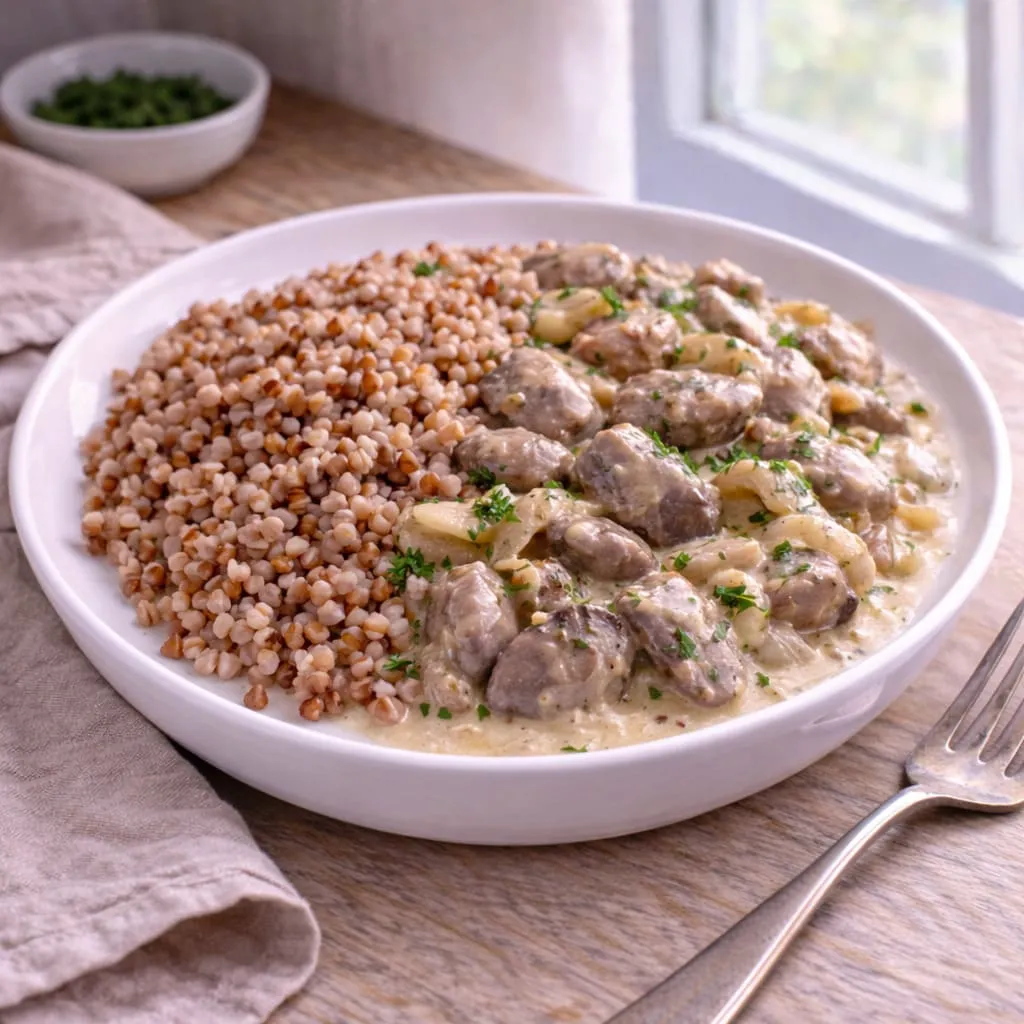 Гречка с куриными сердечками