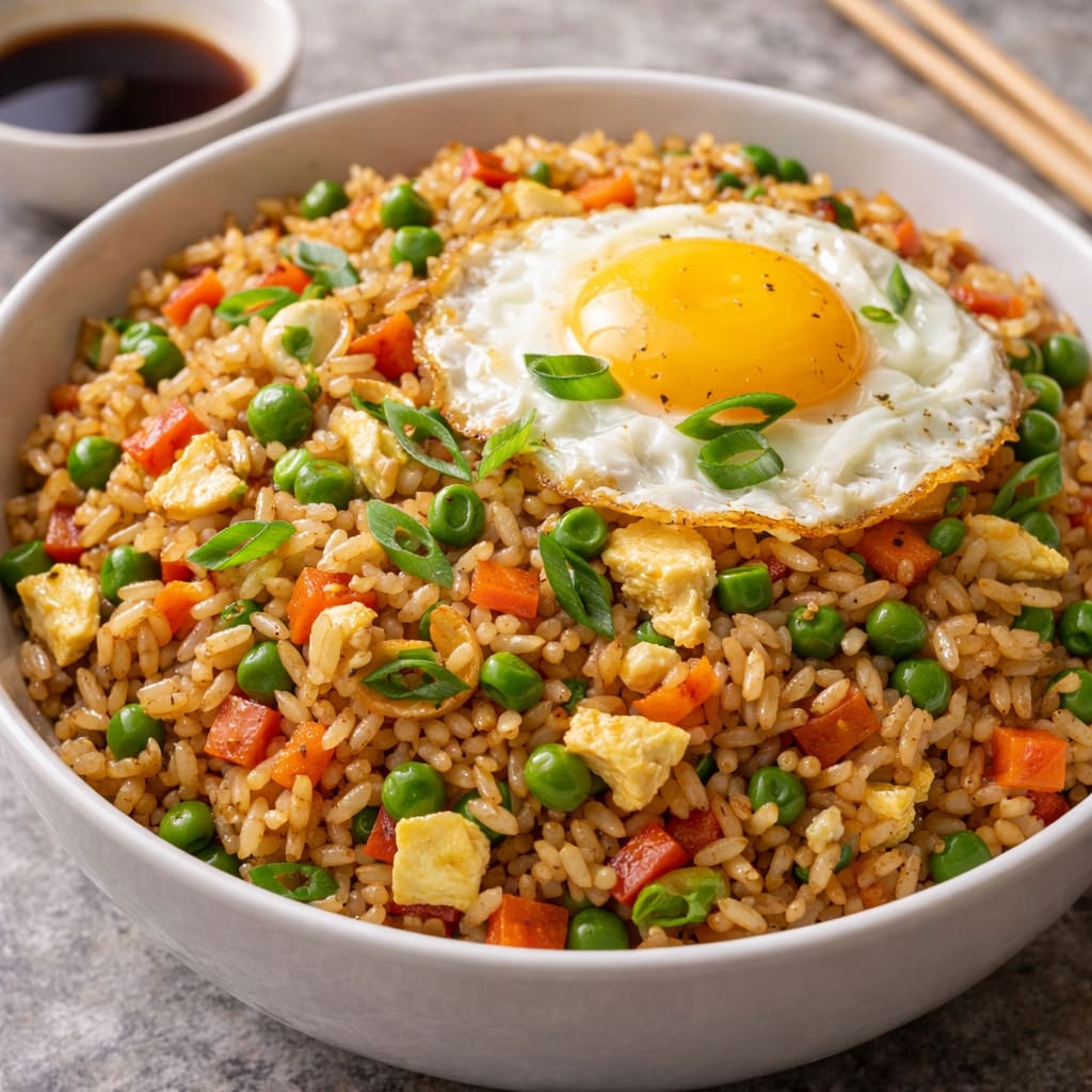 Рис с овощами и яйцом по-азиатски