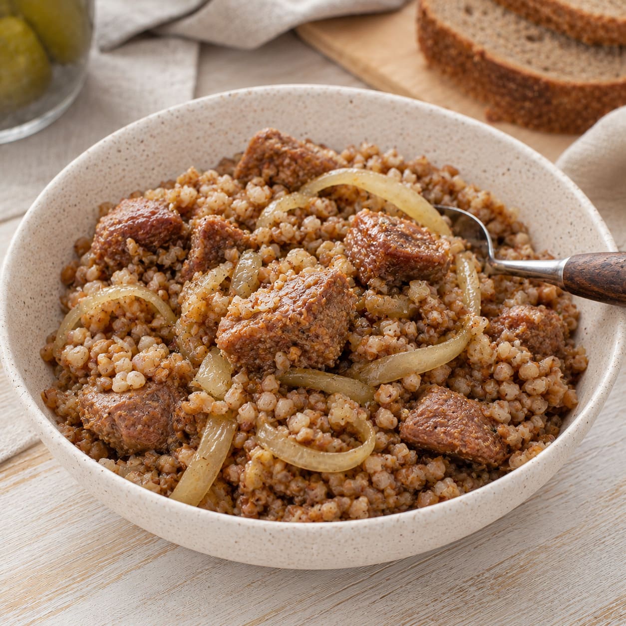 Гречка с тушёнкой и луком