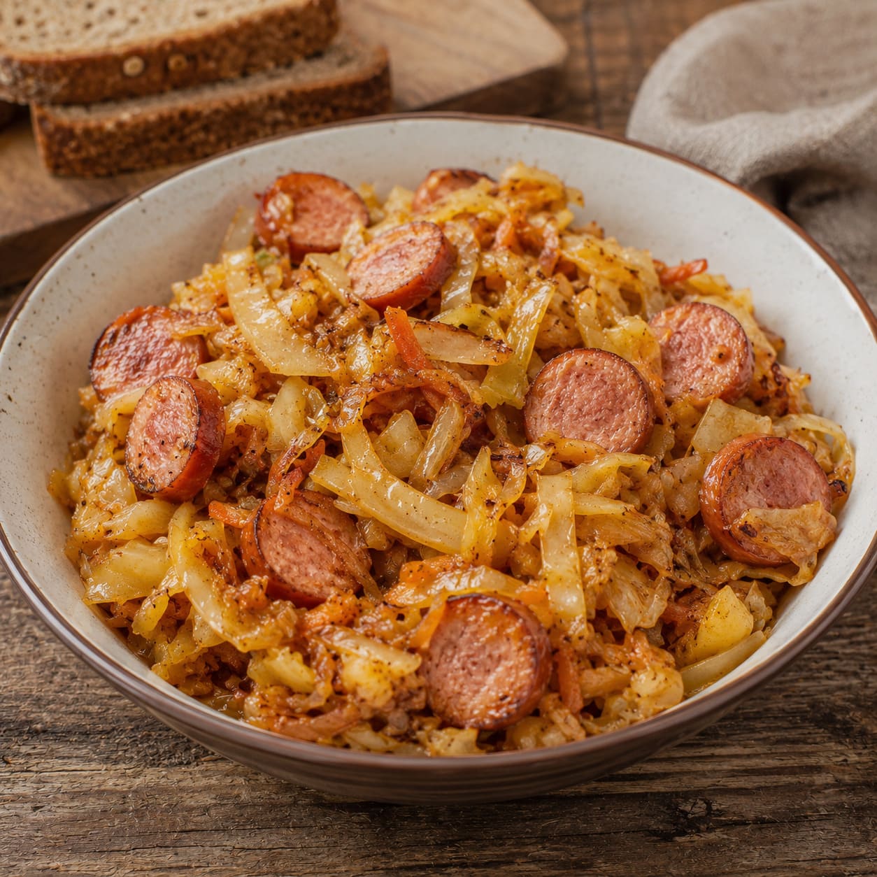 Жареная капуста с сосисками