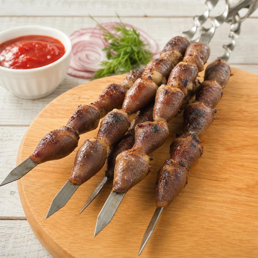 Шампуры из куриных сердечек на мангале