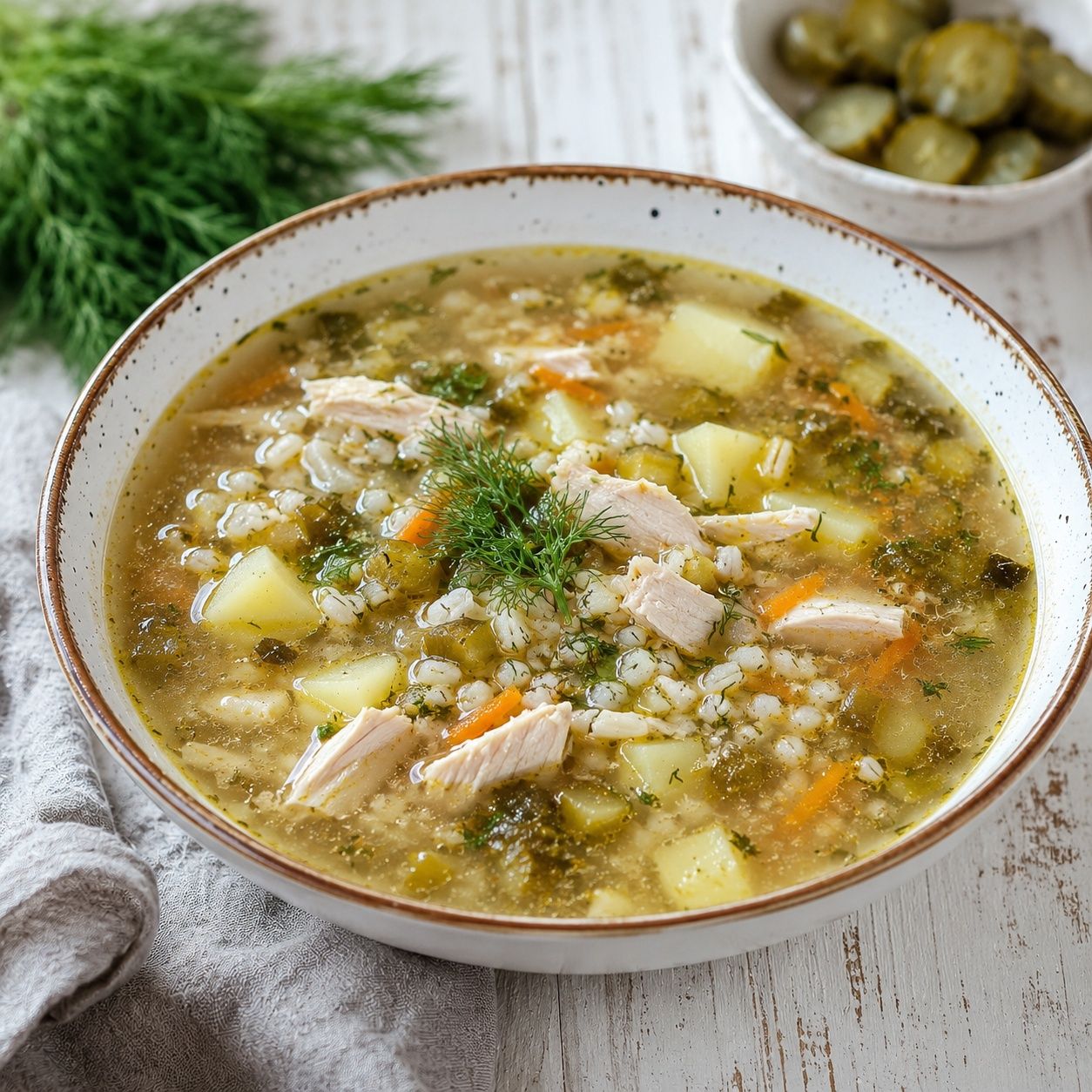 Рассольник с перловкой и курицей