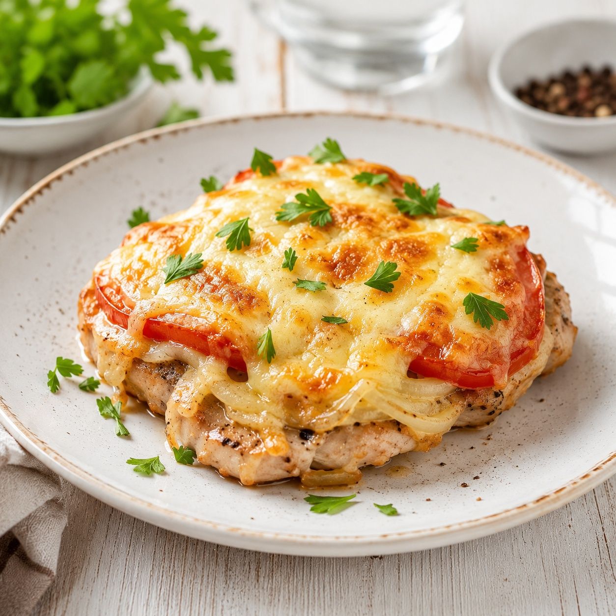 Мясо по-французски с помидорами